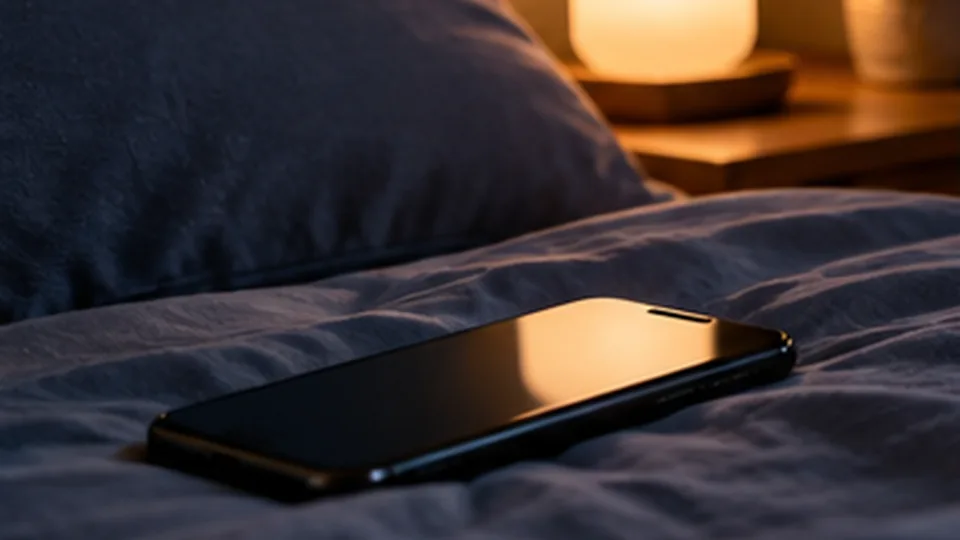 夜の落ち着いた照明の中でベッドに置かれたスマートフォン